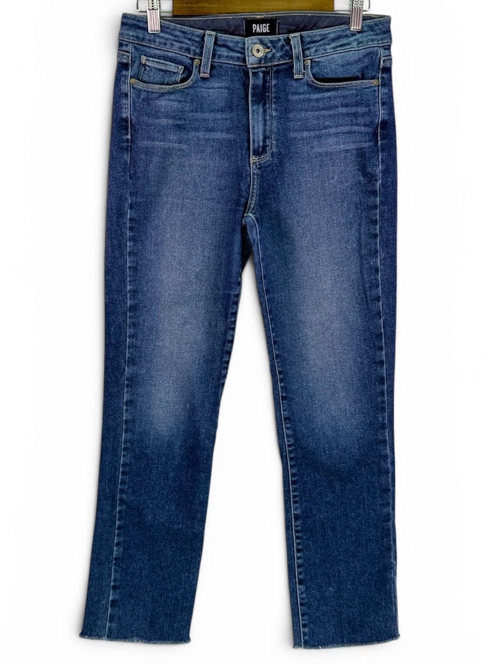 Paige Jacqueline Straight Jean High Rise Dark Wash Raw Hem Size 29